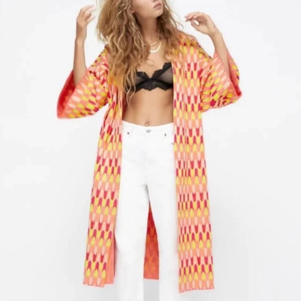 Zara SMALL Geometric  Print Jacquard Open Kimono Coat Duster Coatigan Longline